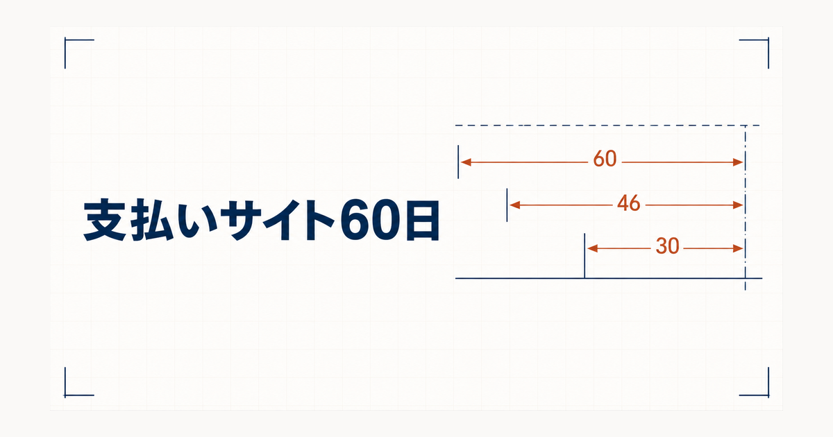 納品日ごとの入金までの日数を示した製図風の図。60日・46日・30日の寸法線