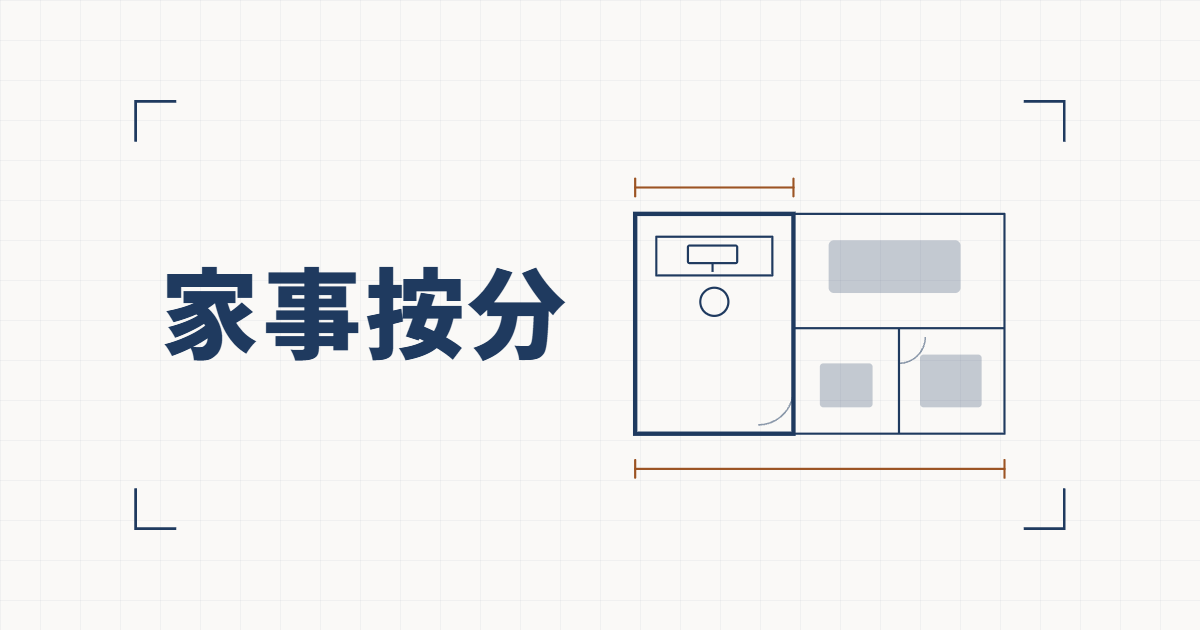 家の間取り図のうち机とモニターのある1部屋を太線で囲み、その部屋と家全体の幅に寸法線を引いた線図と、家事按分という見出し