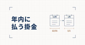 12月と1月のカレンダーが矢印でつながり、下に12/31と1/1の寸法線で年の区切りが示された線図と、年内に払う掛金という見出し